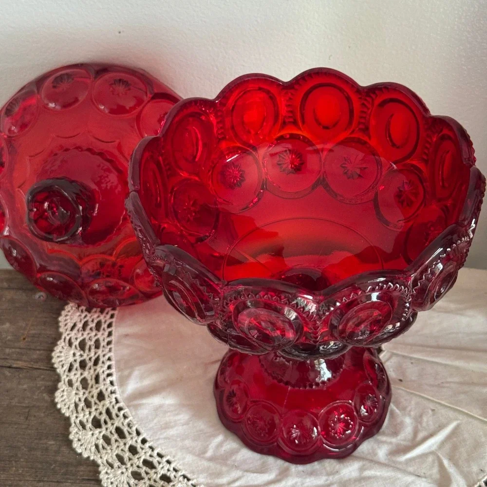 L.E. Smith Moon and Star Ruby Red Glass Candy Dish Pedestal Compote with Lid MCM